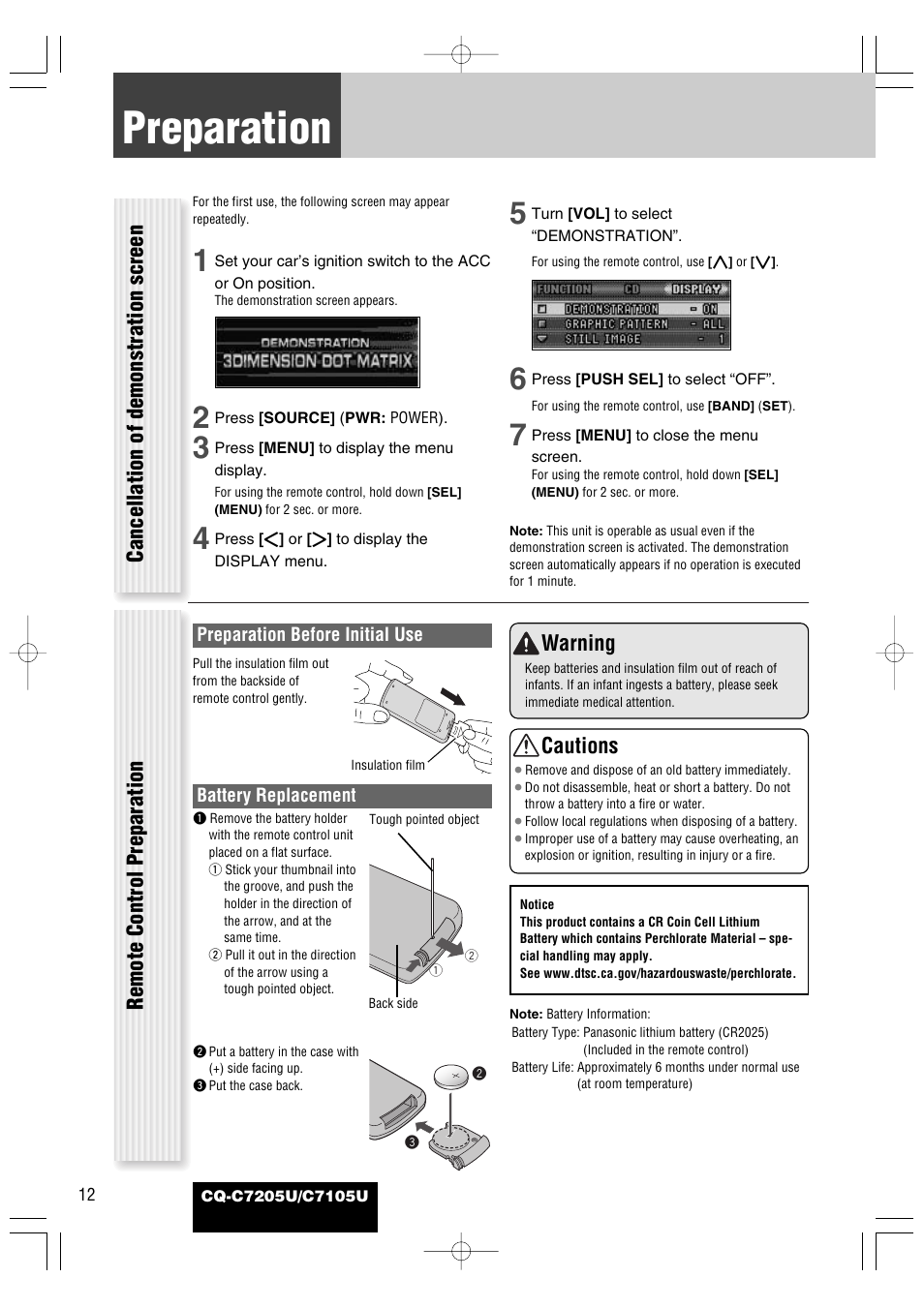 Preparation (clock adjustment etc.), Preparation, Warning | Cautions | Panasonic CQ-C7105U User Manual | Page 12 / 68