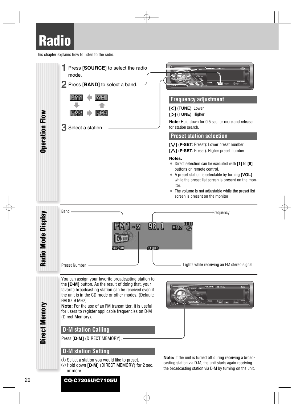 Each source, Radio, Operation flow | Radio mode display | Panasonic CQ-C7105U User Manual | Page 20 / 68