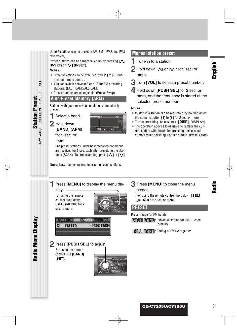 English, Radio, Radio menu display | Station preset | Panasonic CQ-C7105U User Manual | Page 21 / 68