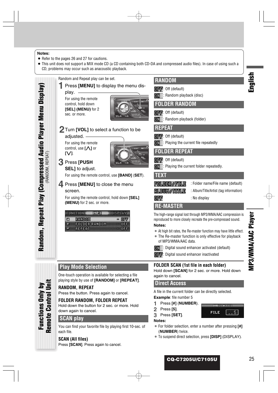 English, Mp3/wma/aac player, Functions only by remote control unit | Panasonic CQ-C7105U User Manual | Page 25 / 68