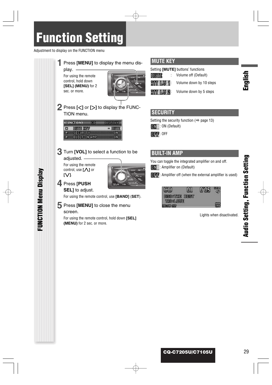 Function setting (security function setting etc.), Function setting, English | Audio setting, function setting, Function menu display | Panasonic CQ-C7105U User Manual | Page 29 / 68