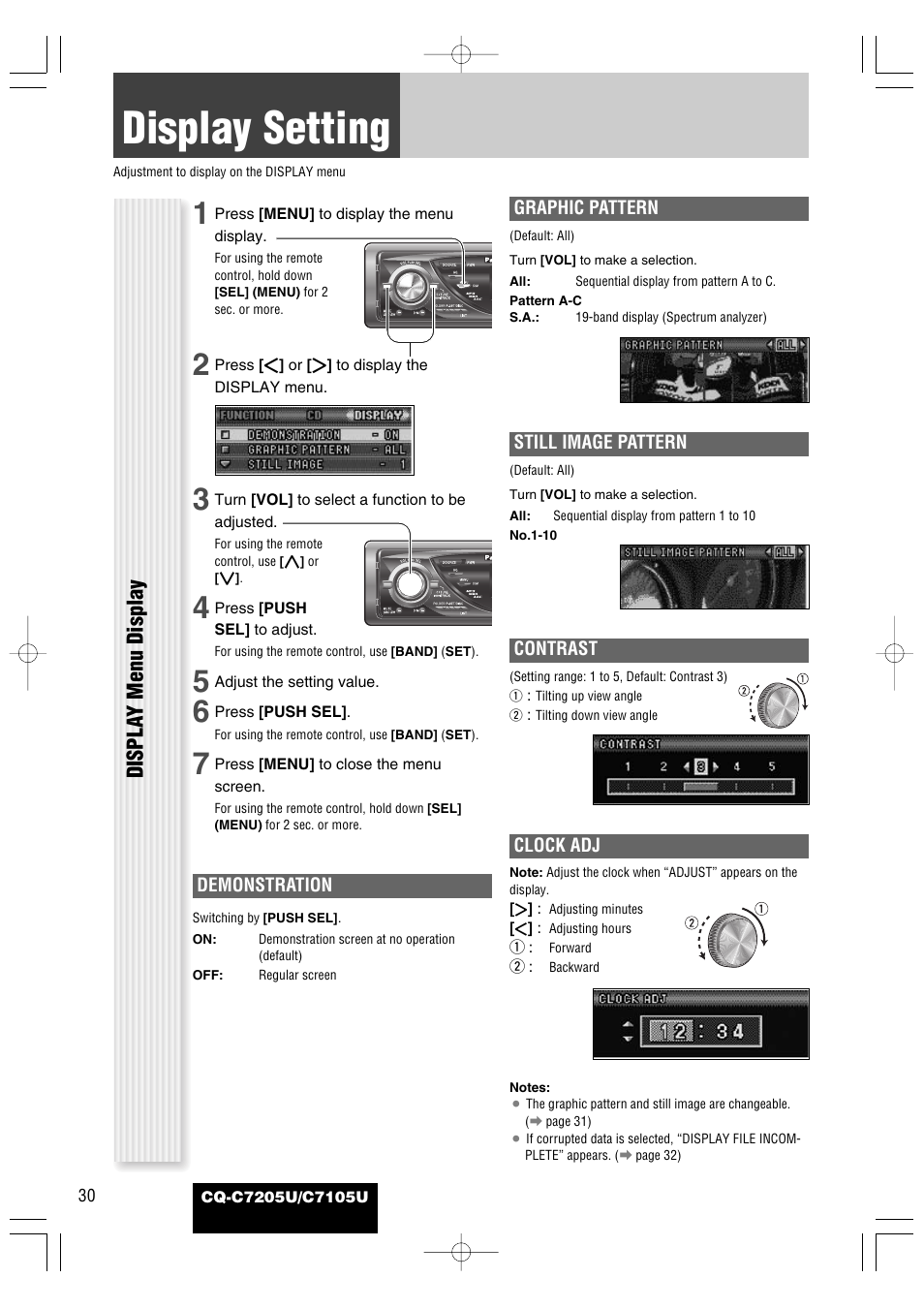 Display setting, Displa y menu display | Panasonic CQ-C7105U User Manual | Page 30 / 68