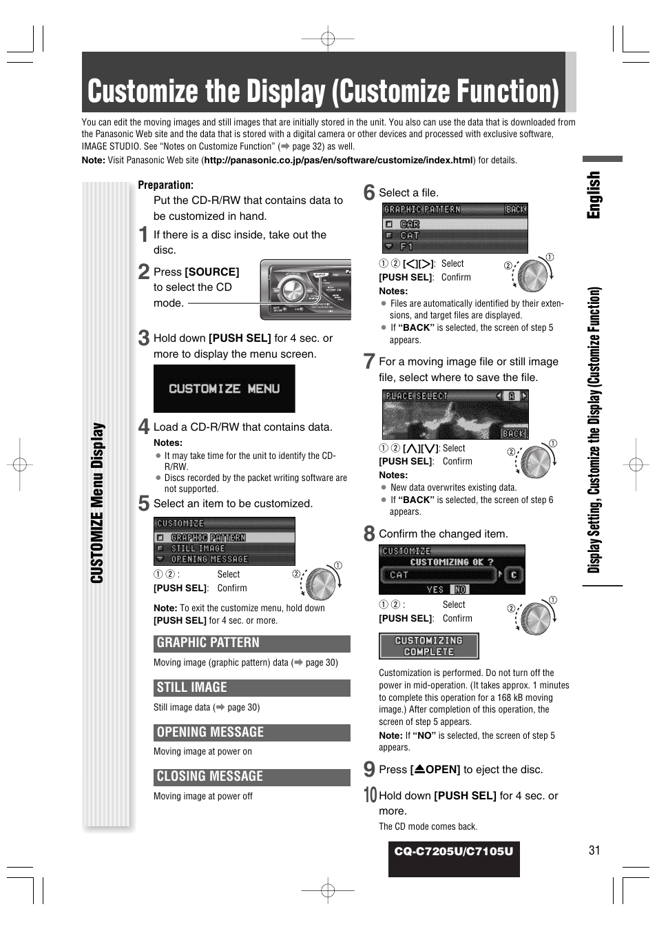Customize the display (customize function), English, Customize menu display | Panasonic CQ-C7105U User Manual | Page 31 / 68