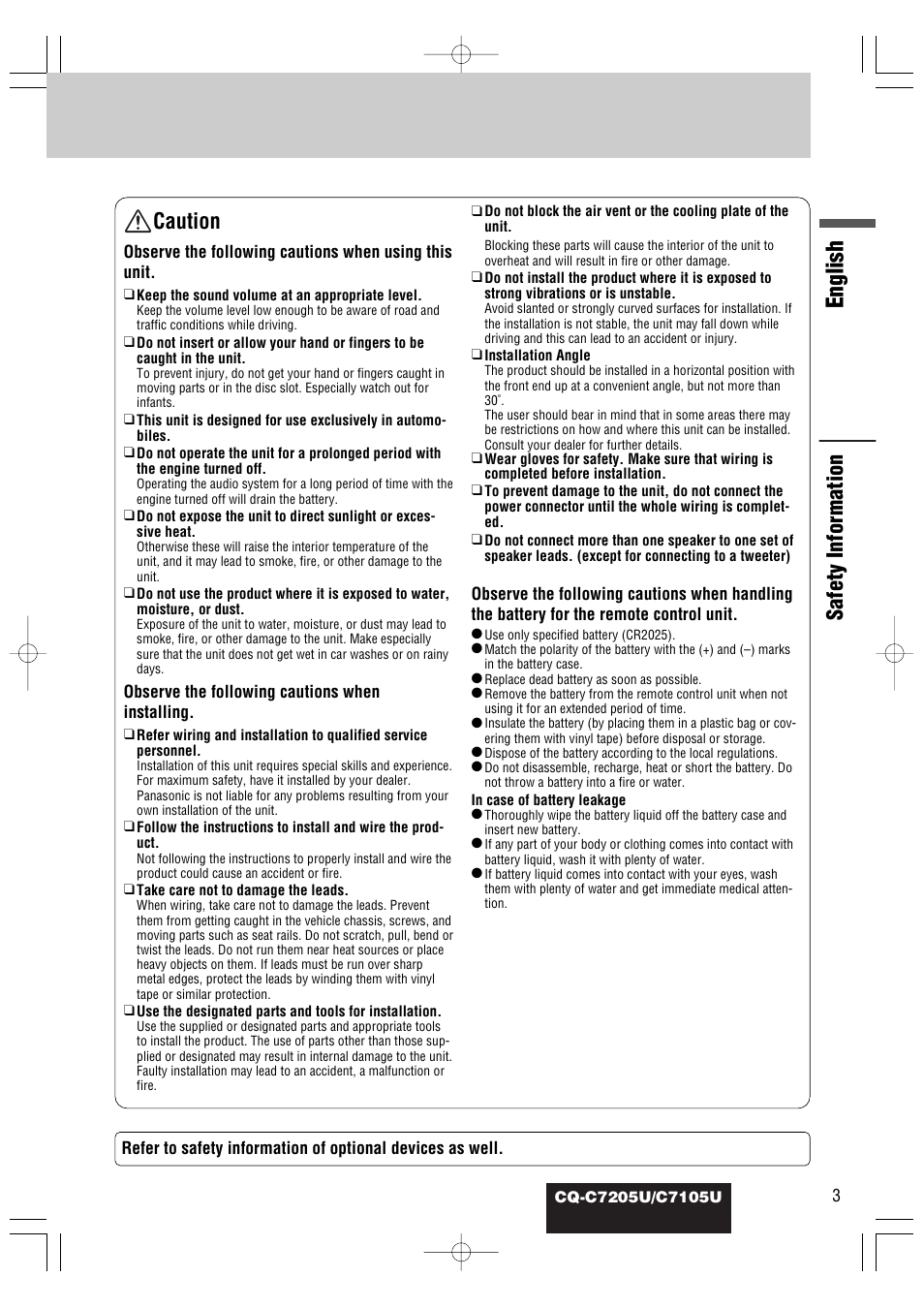 English, Safety information caution | Panasonic CQ-C7105U User Manual | Page 47 / 68