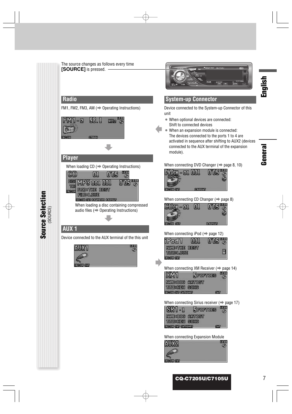 English, General, Source selection | Radio, Player, Aux 1, System-up connector | Panasonic CQ-C7105U User Manual | Page 51 / 68