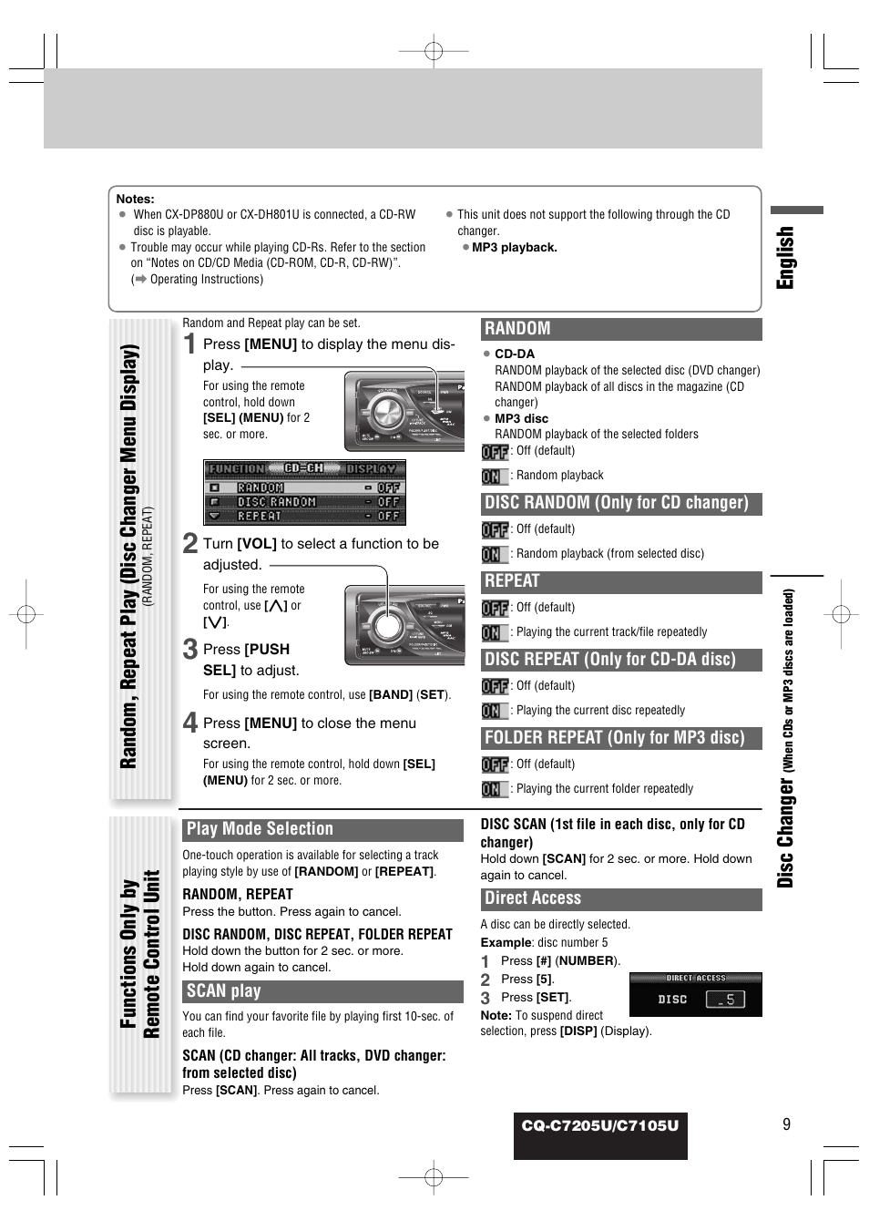 English, Disc changer, Random, repeat play (disc changer menu display) | Functions only by remote control unit | Panasonic CQ-C7105U User Manual | Page 53 / 68