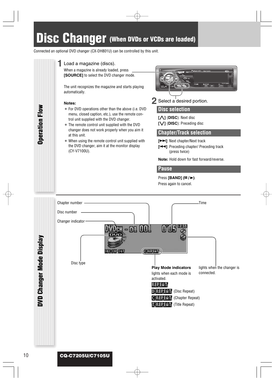 Disc changer, When dvds or vcds are loaded), Operation flow dvd changer mode display | Panasonic CQ-C7105U User Manual | Page 54 / 68