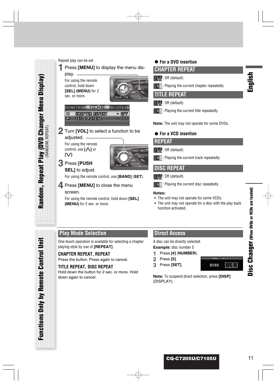 English, Disc changer, Random, repeat play (dvd changer menu display) | Functions only by remote control unit | Panasonic CQ-C7105U User Manual | Page 55 / 68