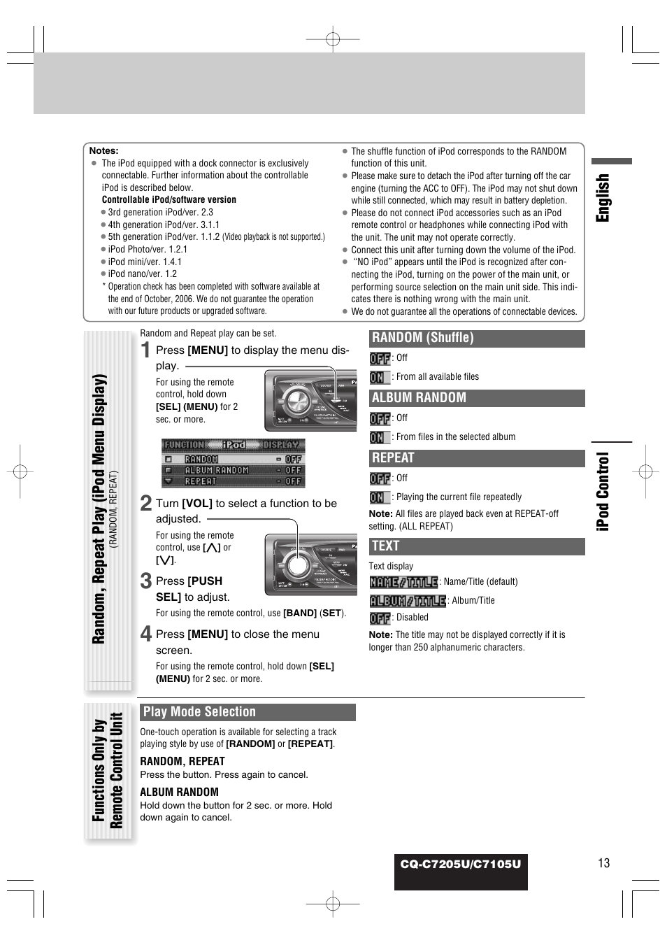 English, Ipod control, Random, repeat play (ipod menu display) | Functions only by remote control unit, Random (shuffle), Album random, Repeat, Text, Play mode selection | Panasonic CQ-C7105U User Manual | Page 57 / 68