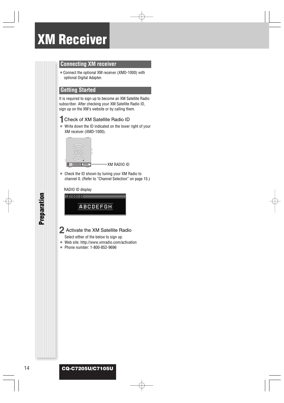 Xm receiver, Preparation | Panasonic CQ-C7105U User Manual | Page 58 / 68