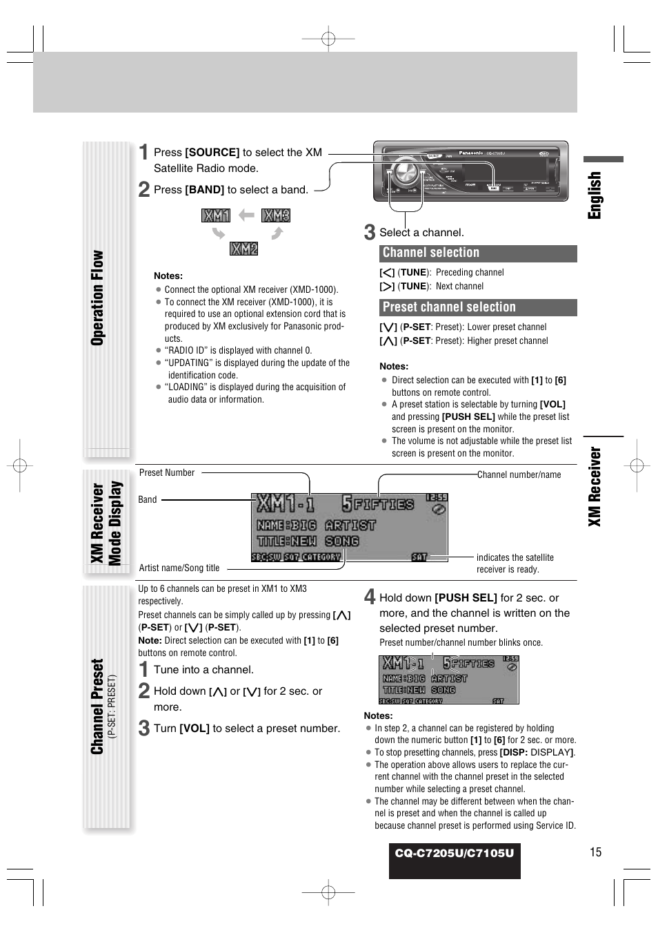 English, Xm receiver, Xm receiver mode display | Operation flow channel preset | Panasonic CQ-C7105U User Manual | Page 59 / 68