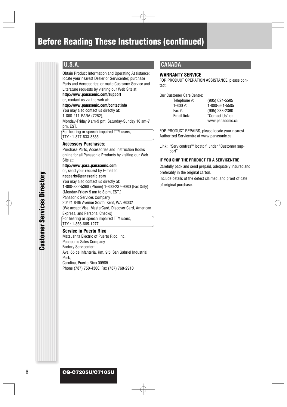 Before reading these instructions (continued), Customer ser vices director y, U.s.a | Canada | Panasonic CQ-C7105U User Manual | Page 6 / 68