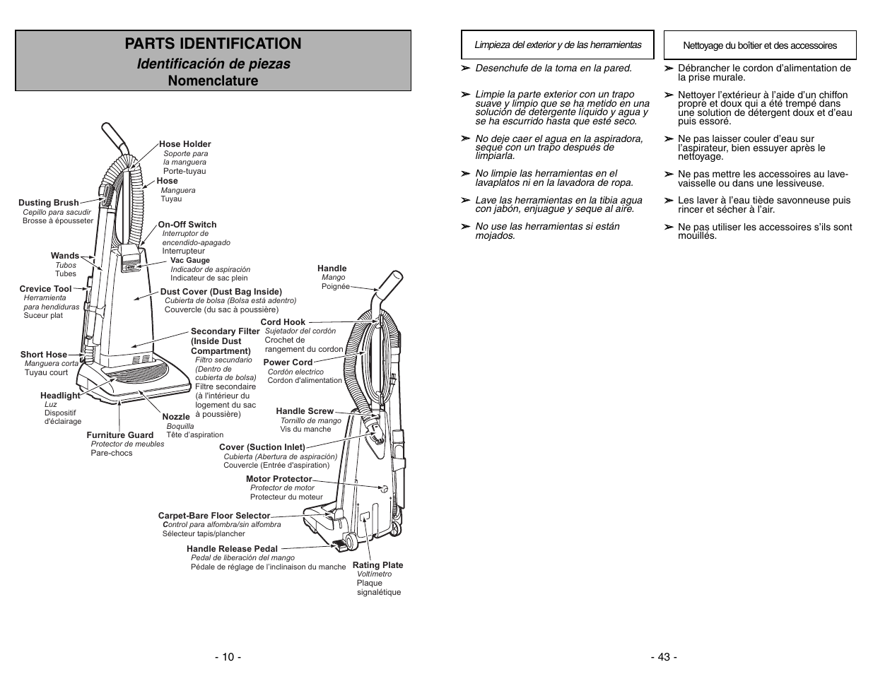 Parts identification, Identificacion de piezas, Nomenclature | Identificación de piezas nomenclature, Vac gauge full | Panasonic MC-V5297 User Manual | Page 10 / 52
