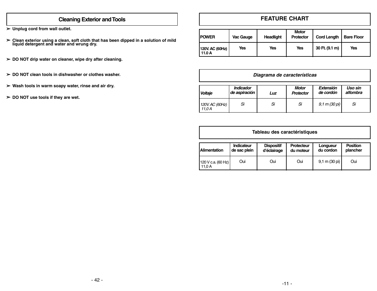 Feature chart, Cleaning exterior and tools | Panasonic MC-V5297 User Manual | Page 11 / 52