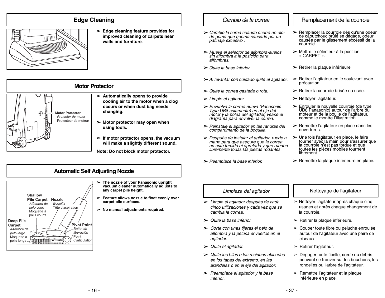 Edge cleaning, Motor protector, Automatic self adjusting nozzle | Cambio de la correa, Remplacement de la courroie | Panasonic MC-V5297 User Manual | Page 16 / 52