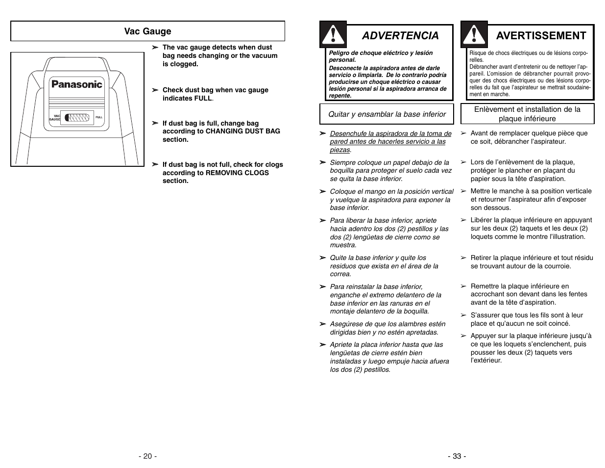 Vac gauge, Advertencia, Avertissement | Panasonic MC-V5297 User Manual | Page 20 / 52