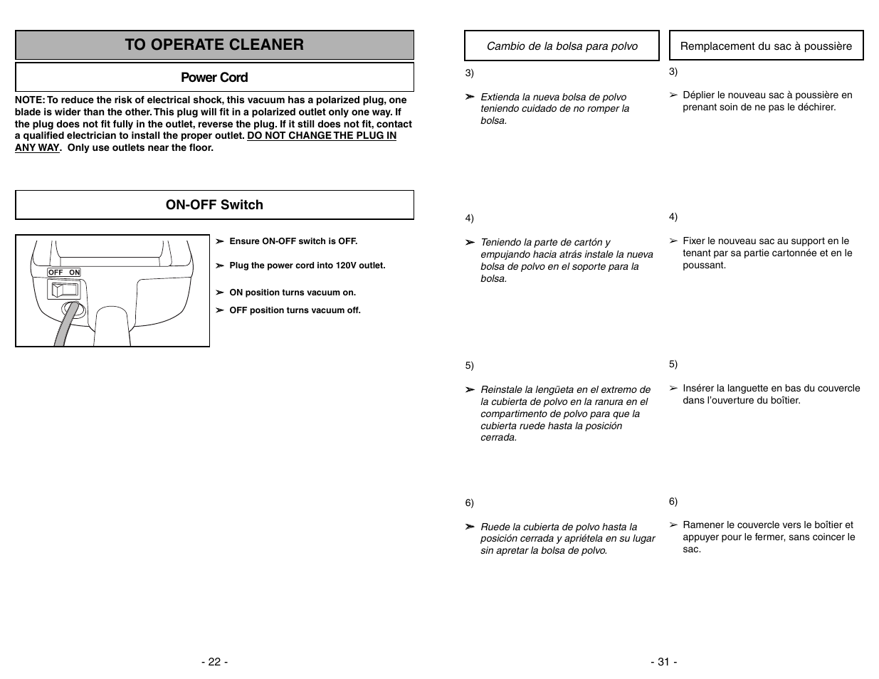 To operate cleaner, Power cord, On-off switch | Panasonic MC-V5297 User Manual | Page 22 / 52