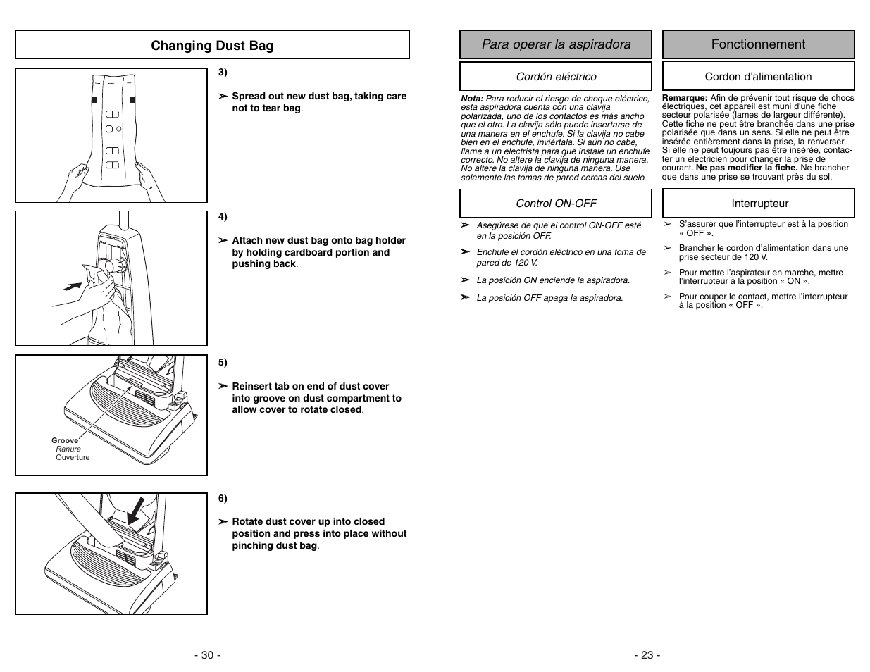 Para operar la aspiradora, Cordon electrico, Control on-off | Fonctionnement, Cordon d'alimentation, Interrupteur, Carpet bar eflo or (too ls), Changing dust bag, Para operar la aspiradora fonctionnement | Panasonic MC-V5297 User Manual | Page 23 / 52