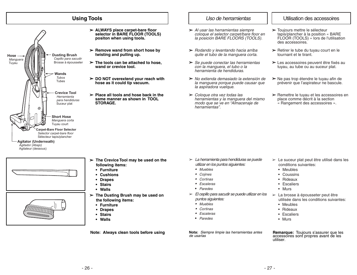 Using tools, Uso de herramientas, Utilisation des accessoires | Panasonic MC-V5297 User Manual | Page 26 / 52
