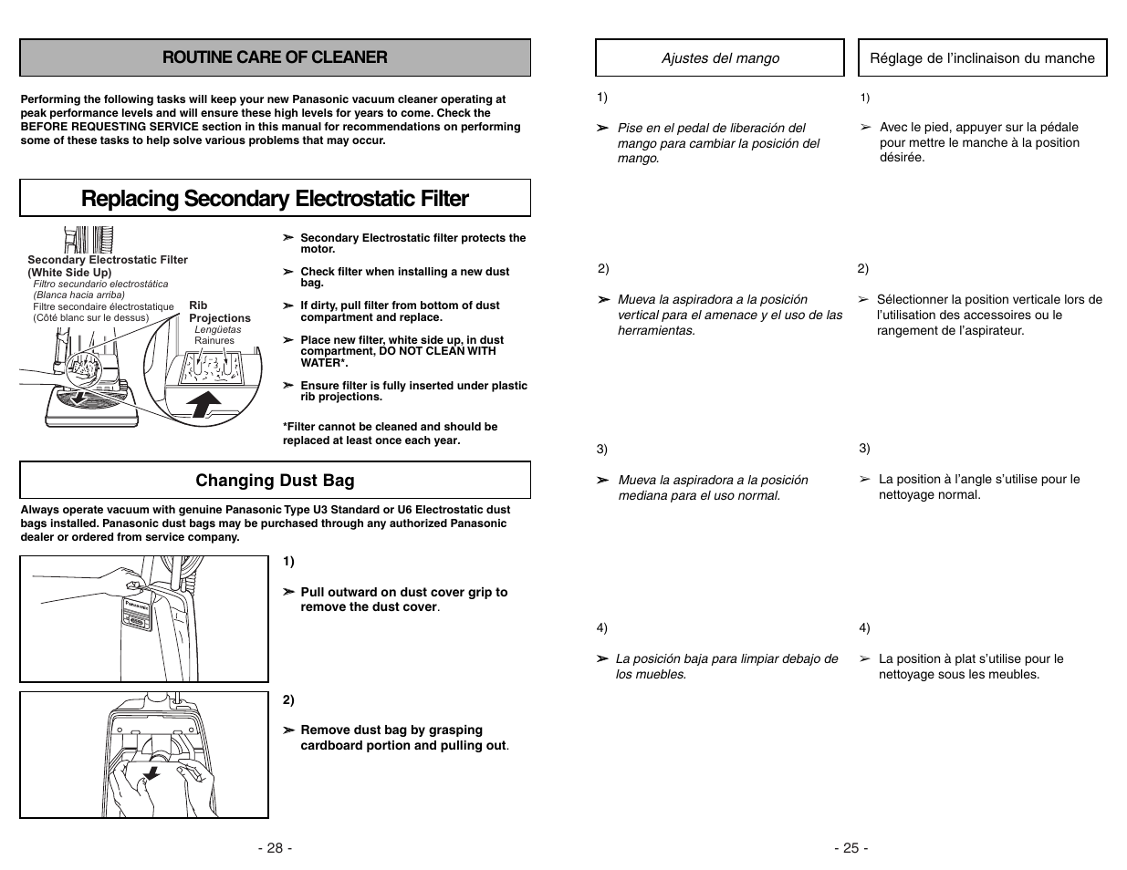 Routine care of cleaner, Replacing secondary electrostatic filter, Changing dust bag | Carpet barefloor (tools) | Panasonic MC-V5297 User Manual | Page 28 / 52