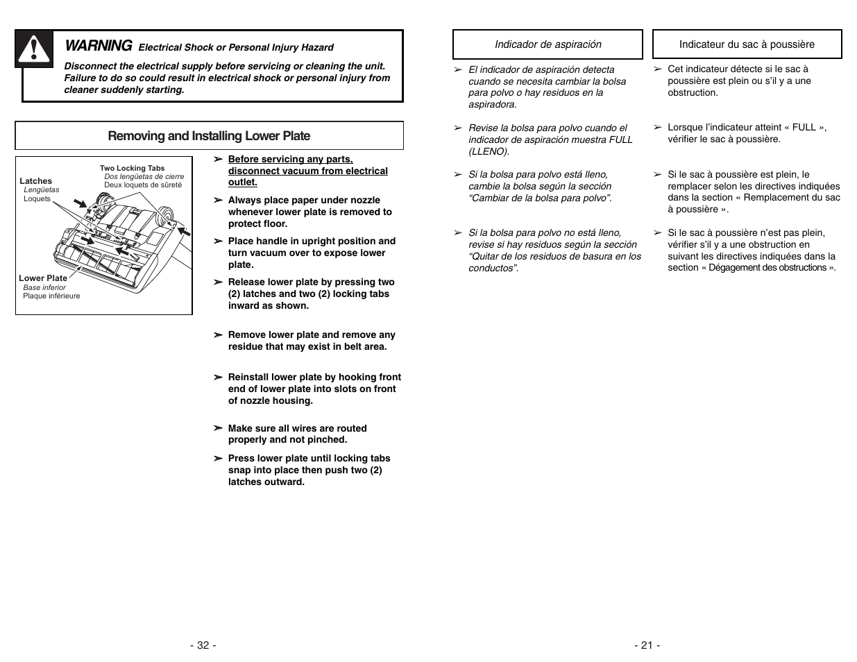 Removing and installing lower plate, Warning | Panasonic MC-V5297 User Manual | Page 32 / 52