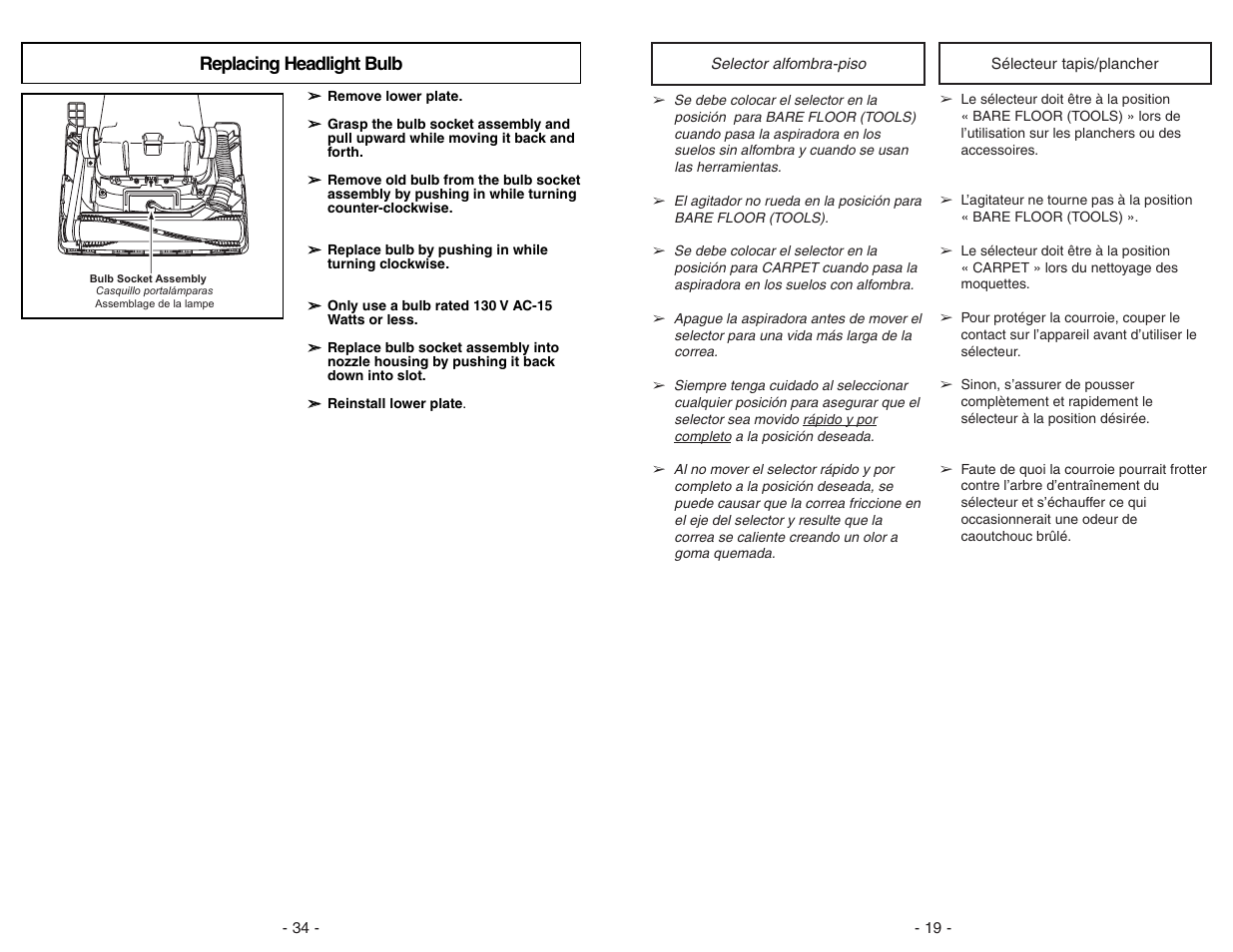 Replacing headlight bulb | Panasonic MC-V5297 User Manual | Page 34 / 52