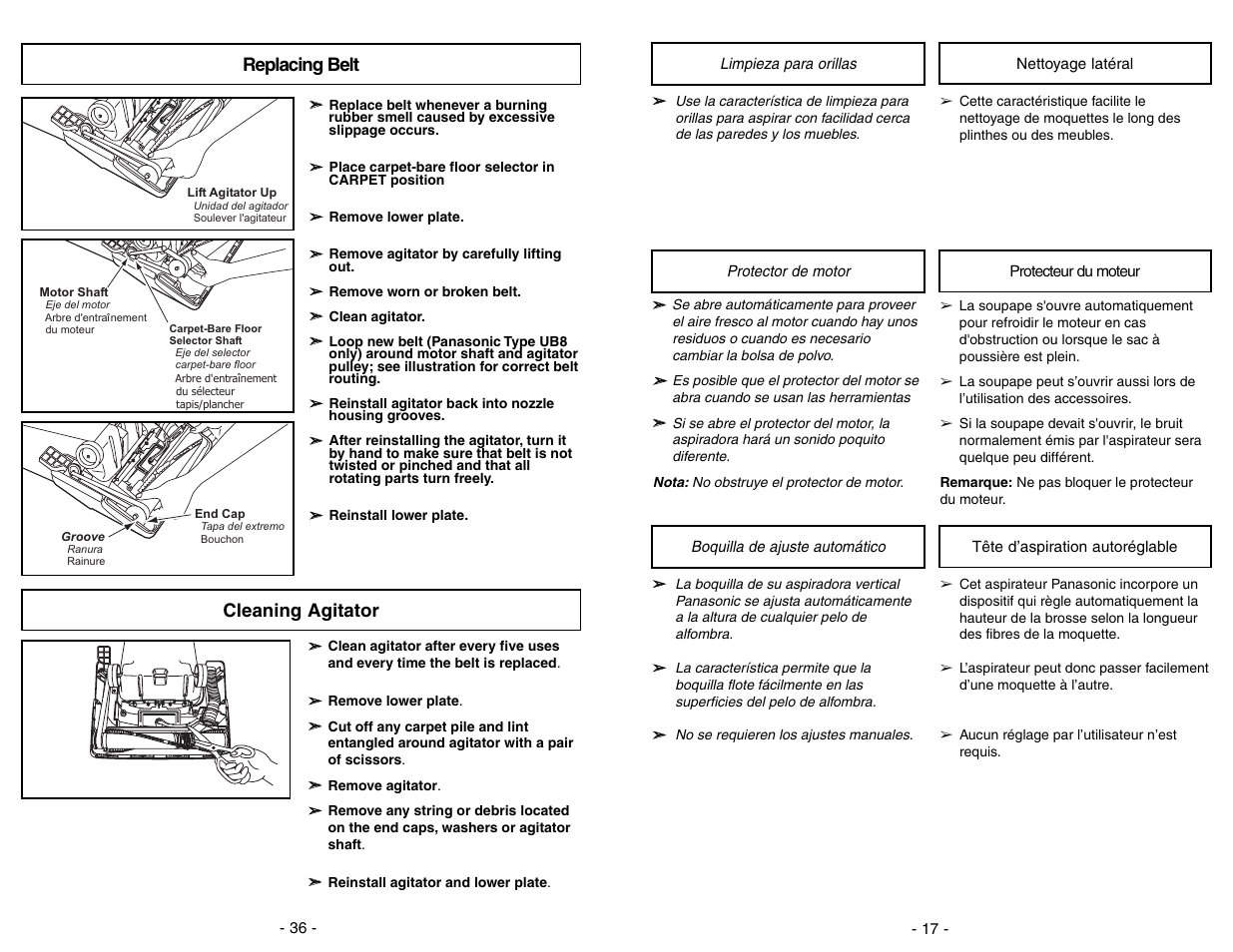 Replacing belt, Cleaning agitator | Panasonic MC-V5297 User Manual | Page 36 / 52