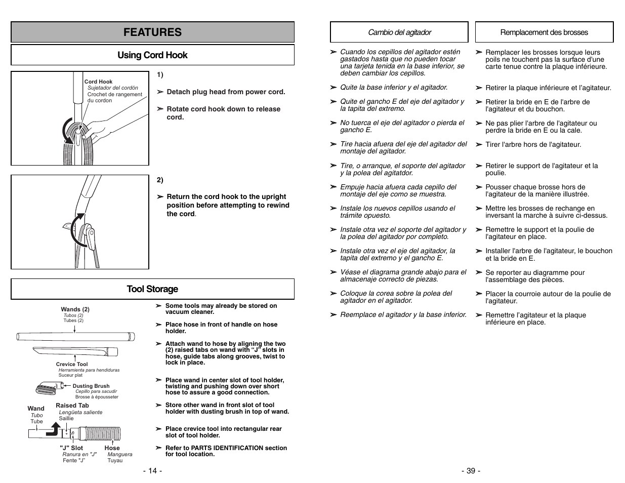 Cambiar los cepillos, Remplacement des brosses, Features | Using cord hook, Tool storage | Panasonic MC-V5297 User Manual | Page 39 / 52