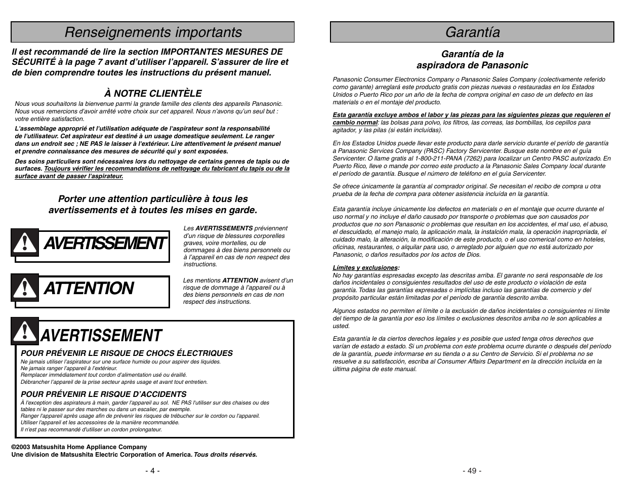 Renseignements importants, Attention, Avertissement | Garantía | Panasonic MC-V5297 User Manual | Page 4 / 52