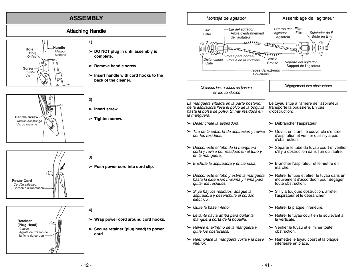 Montaje de agitador, Quitar de los residuos de basura en los conductos, Assemblage de l'agitateur | Degagement des obstructions, Assembly, Attaching handle | Panasonic MC-V5297 User Manual | Page 41 / 52