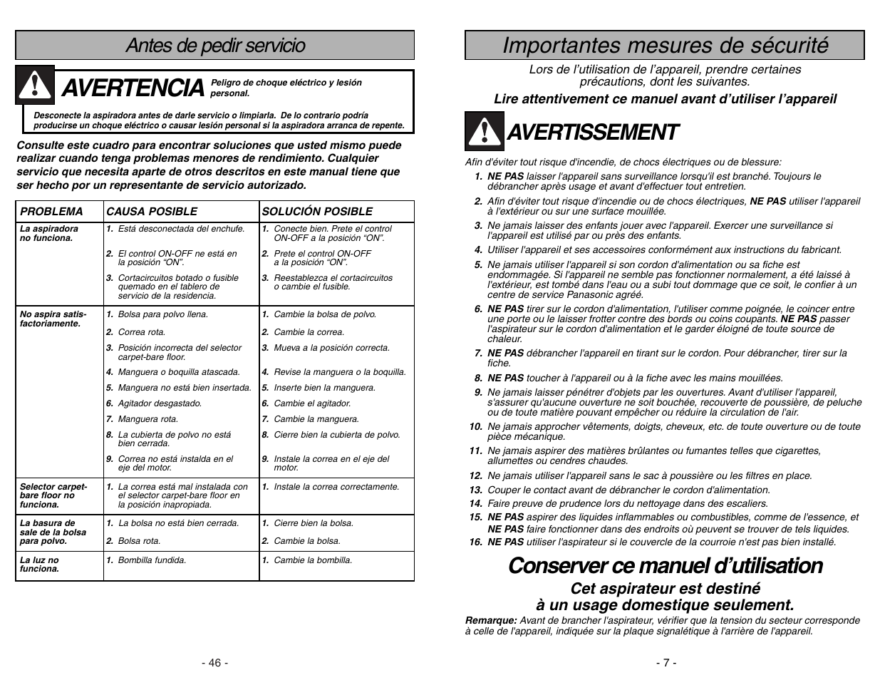 Antes de pedir servicio, Avertencia, Importantes mesures de sécurité | Avertissement, Conserver ce manuel d’utilisation | Panasonic MC-V5297 User Manual | Page 46 / 52