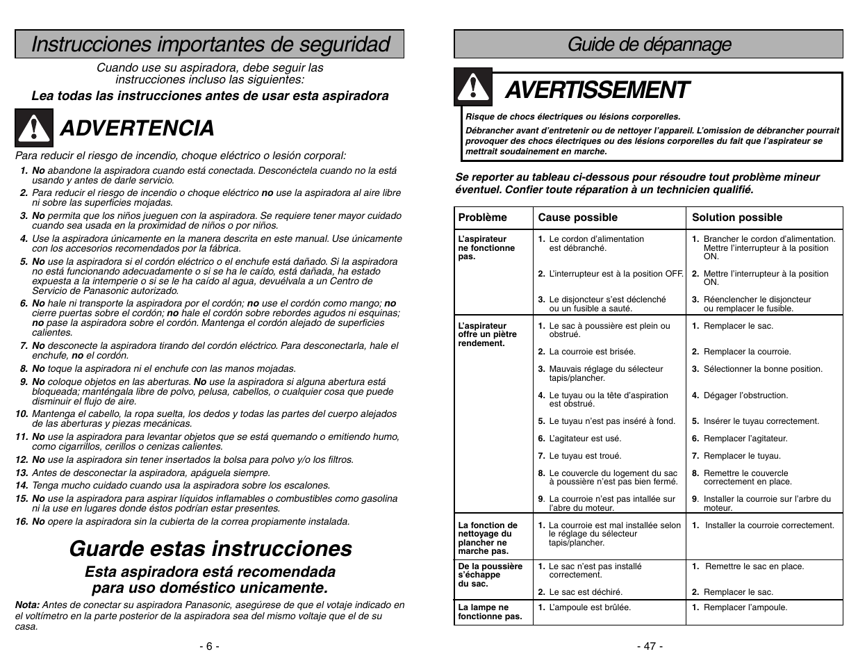 Guide de depannage, Avertissement, Instrucciones importantes de seguridad | Advertencia, Guarde estas instrucciones, Guide de dépannage | Panasonic MC-V5297 User Manual | Page 47 / 52