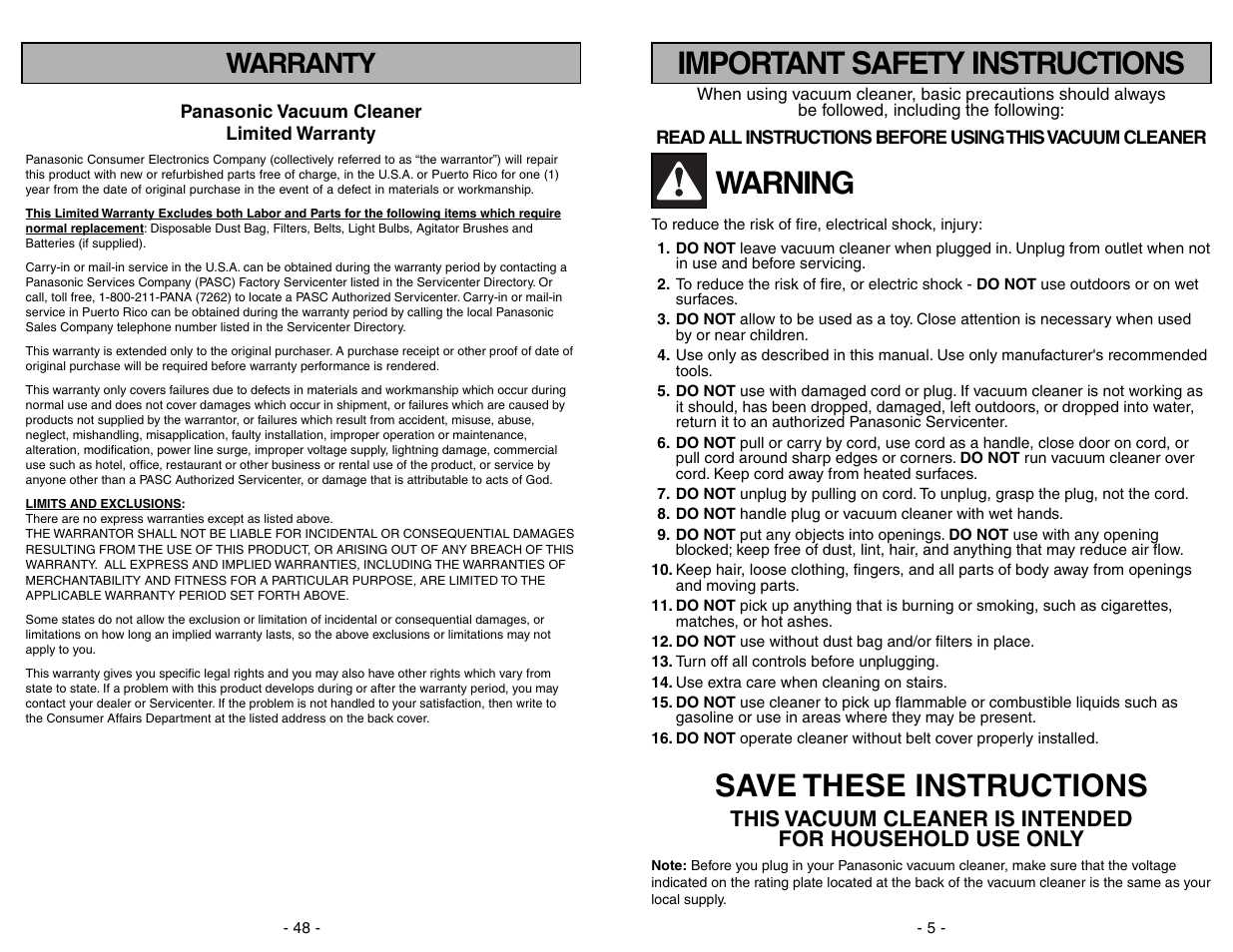 Warranty, Warning, Save these instructions | Important safety instructions | Panasonic MC-V5297 User Manual | Page 48 / 52