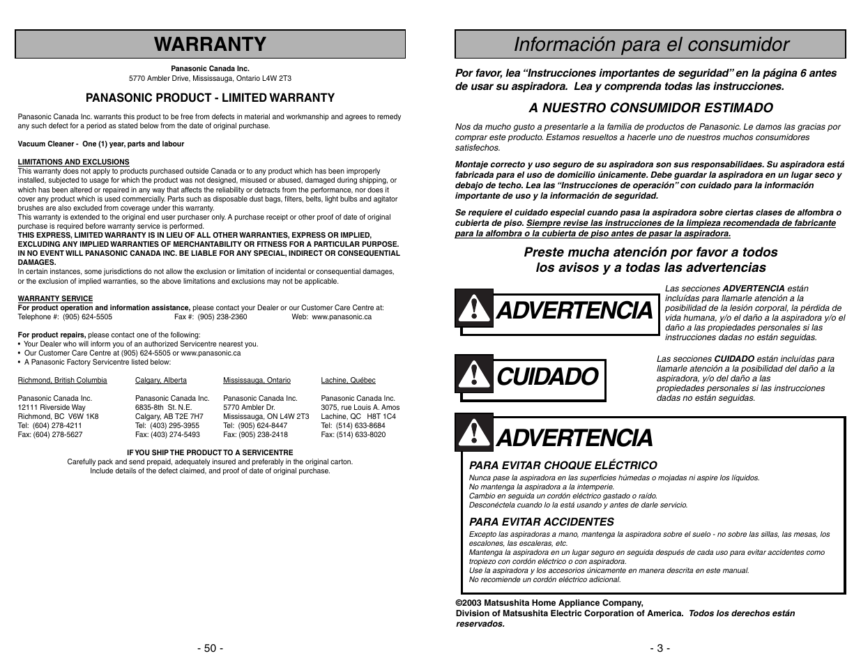 Advertencia, Cuidado, Información para el consumidor | Warranty, A nuestro consumidor estimado | Panasonic MC-V5297 User Manual | Page 50 / 52