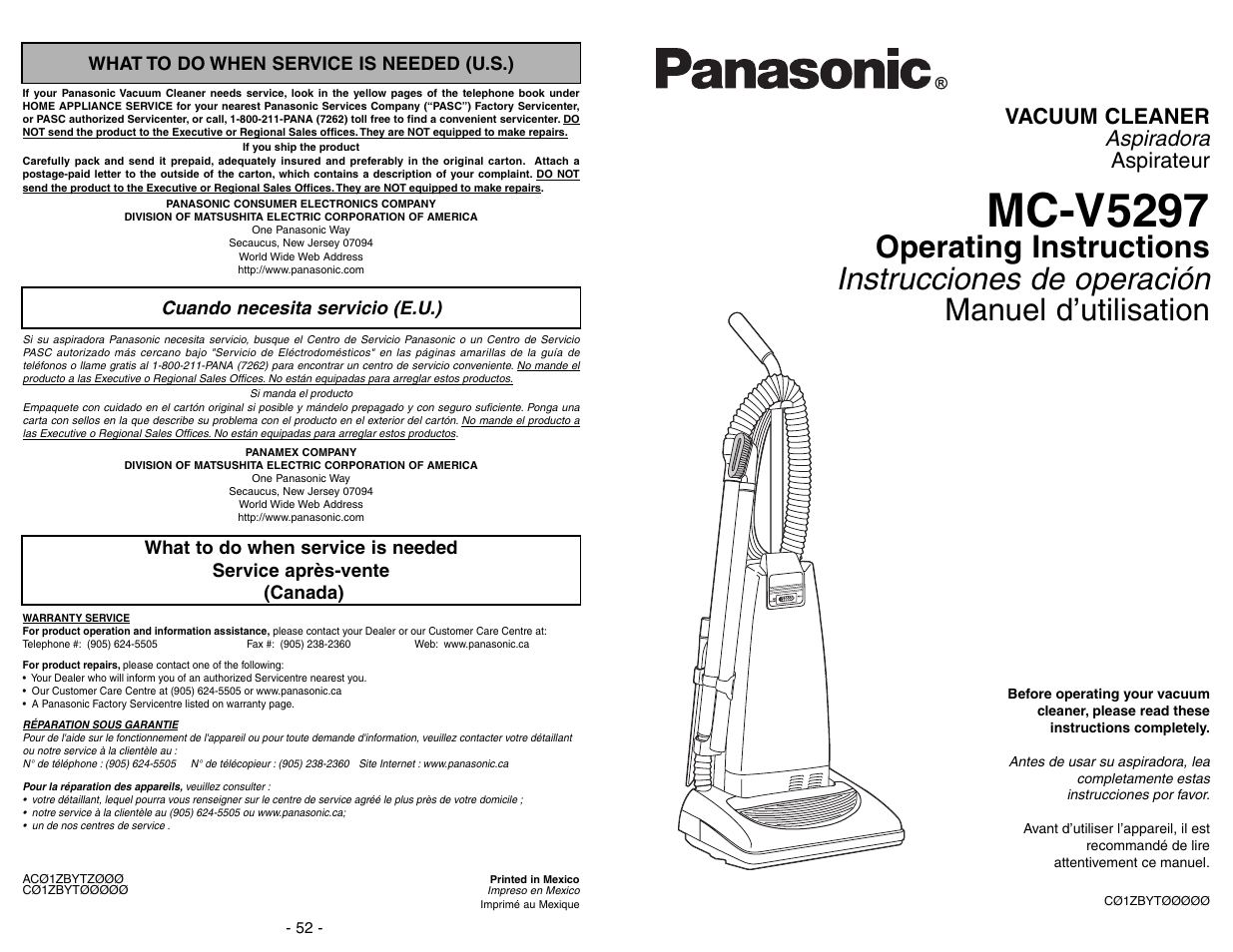 What to do when service is needed, Cuando necesita servicio, Service apres-vente | Mc-v5297, Aspiradora, Vacuum cleaner, Aspirateur | Panasonic MC-V5297 User Manual | Page 52 / 52
