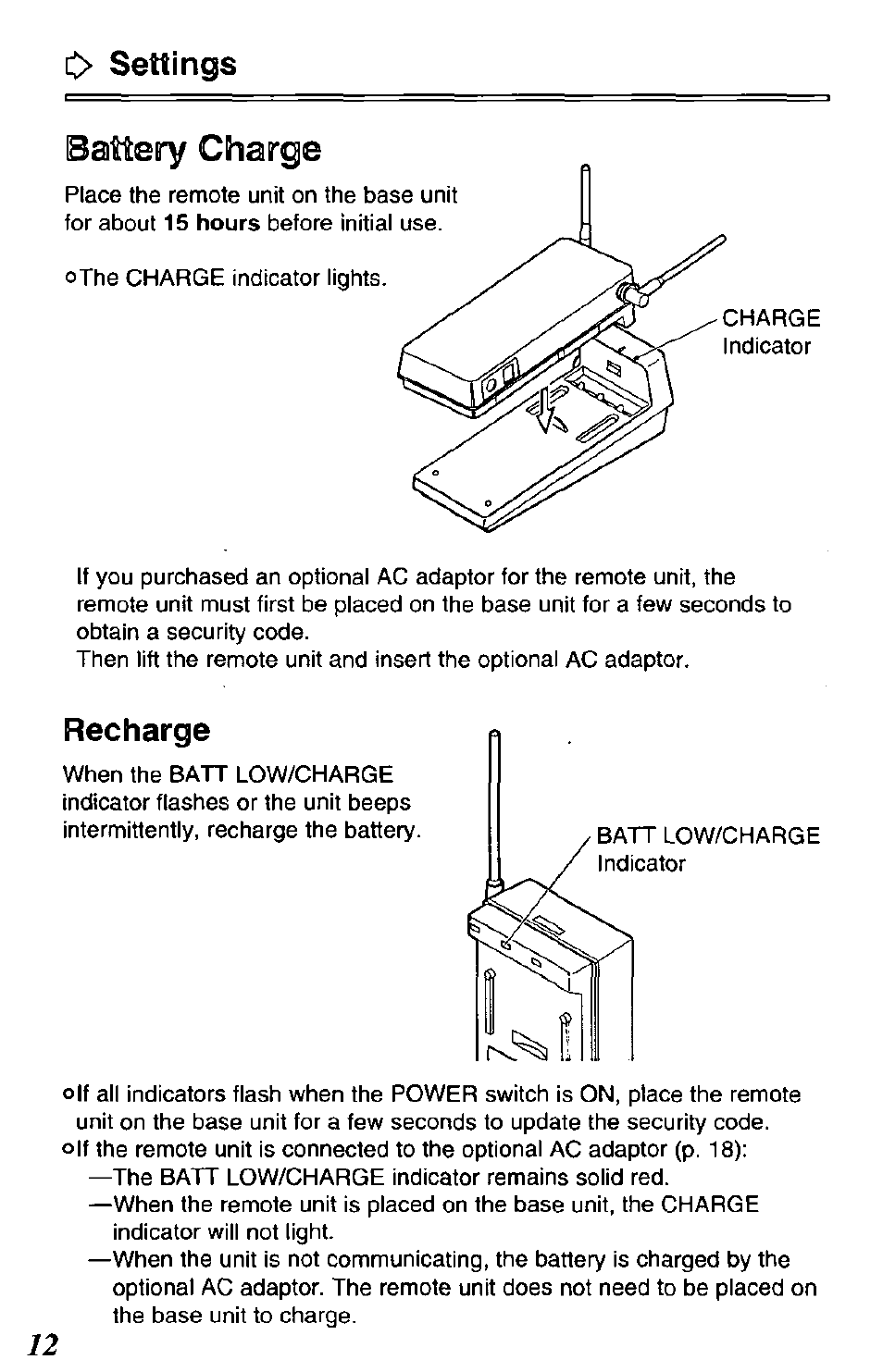 C> settings, Recharge | Panasonic DATA LINK KX-TCL100-B User Manual | Page 12 / 32