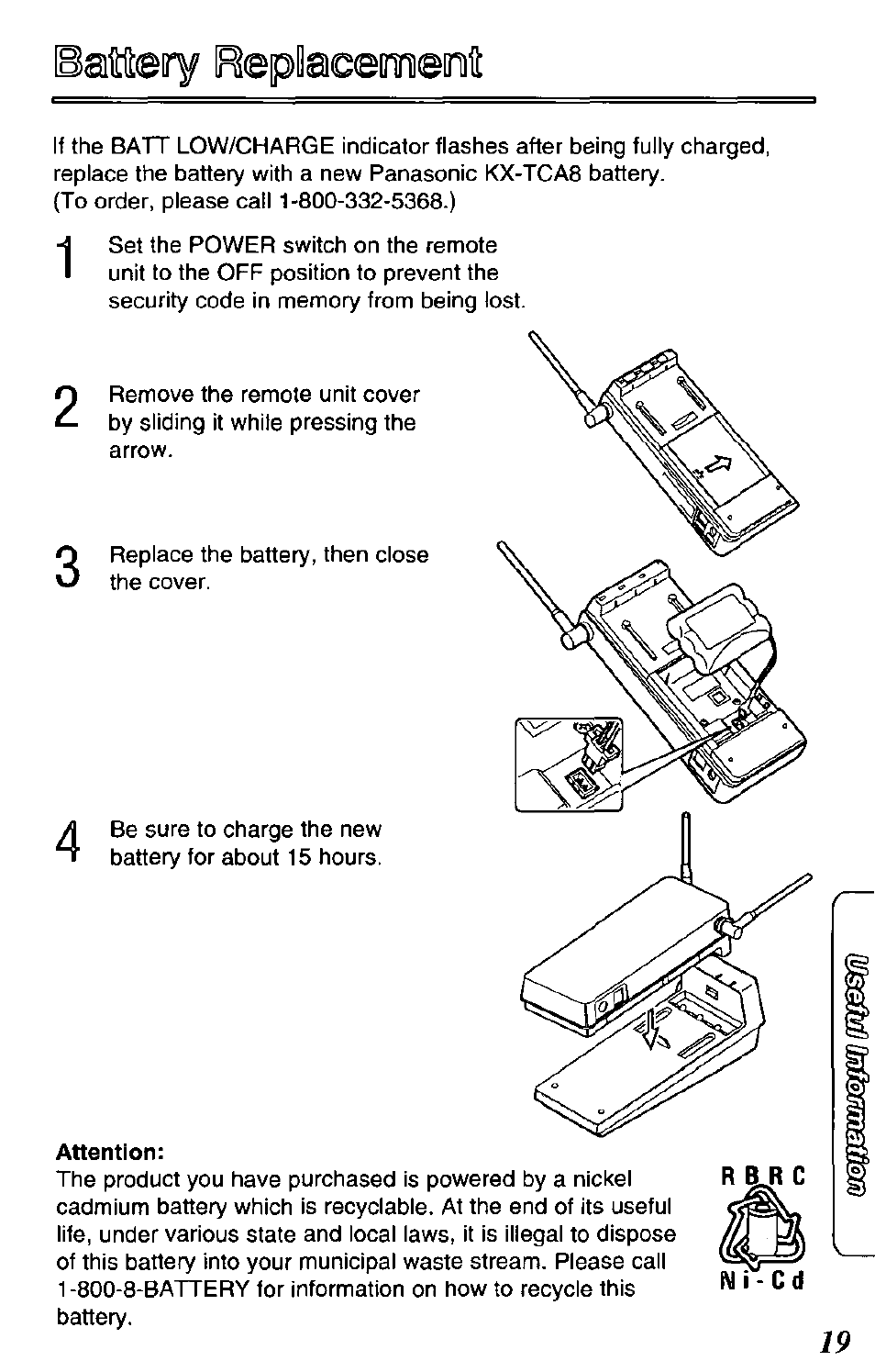 Attention, Bateiry rephacemedilt | Panasonic DATA LINK KX-TCL100-B User Manual | Page 19 / 32