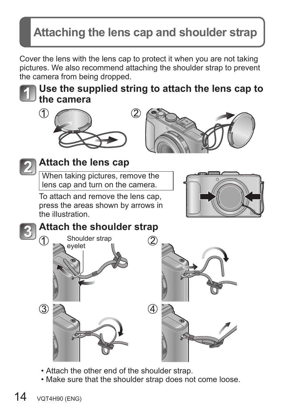 Attaching the lens cap and shoulder strap, Attach the shoulder strap | Panasonic DMC-LX7 User Manual | Page 14 / 36