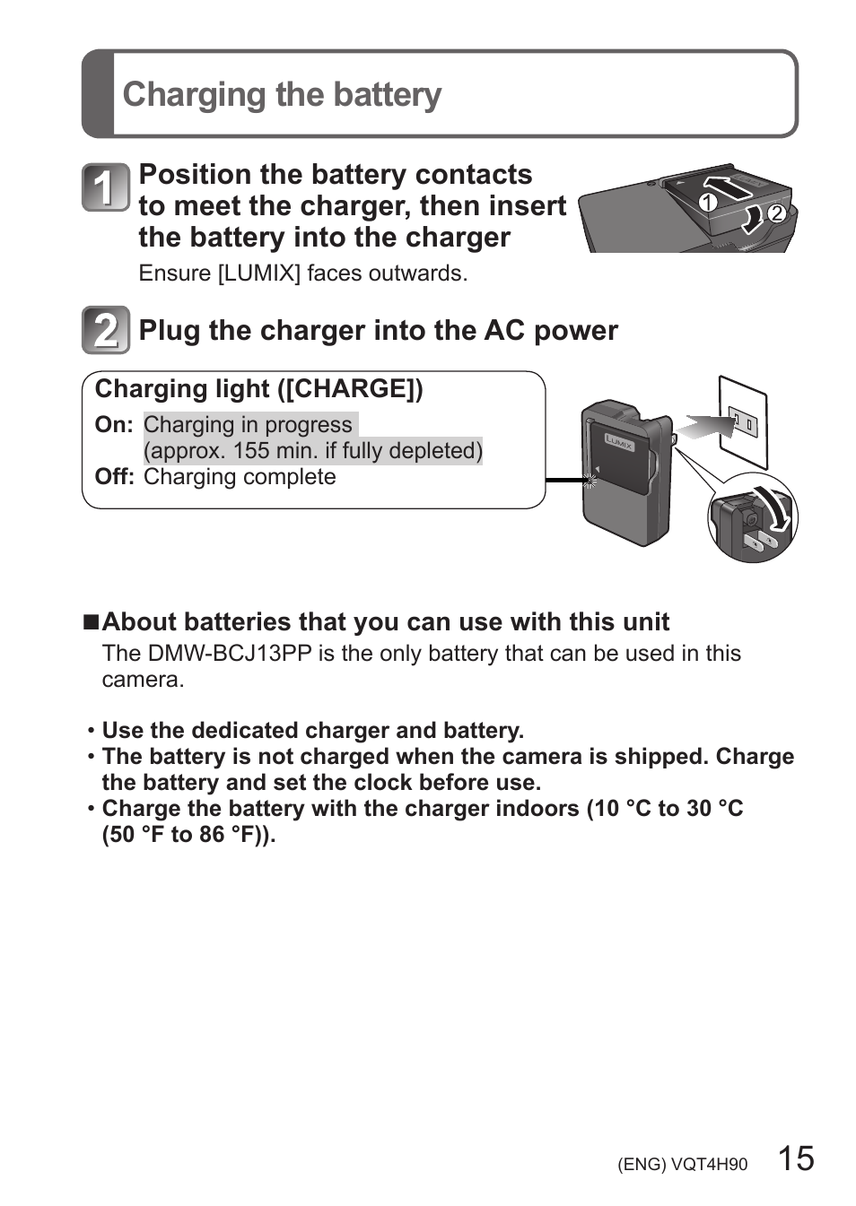 Charging the battery, 15 charging the battery | Panasonic DMC-LX7 User Manual | Page 15 / 36