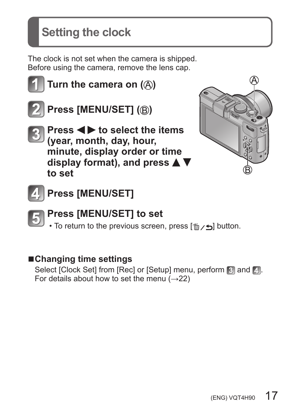 Setting the clock, 17 setting the clock | Panasonic DMC-LX7 User Manual | Page 17 / 36