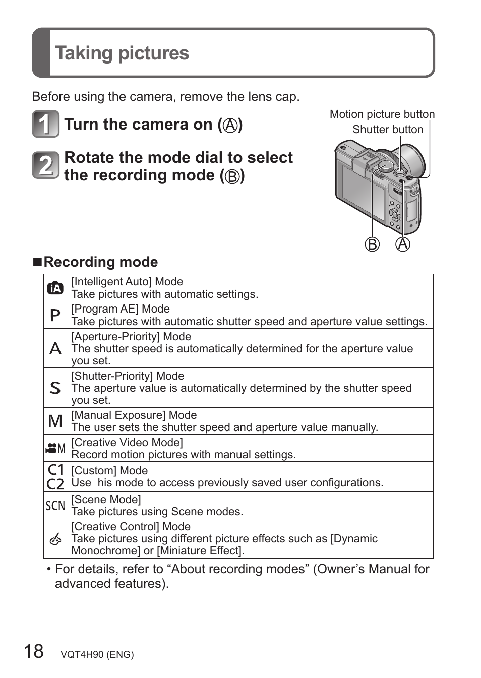 Taking pictures, Turn the camera on ( ) | Panasonic DMC-LX7 User Manual | Page 18 / 36