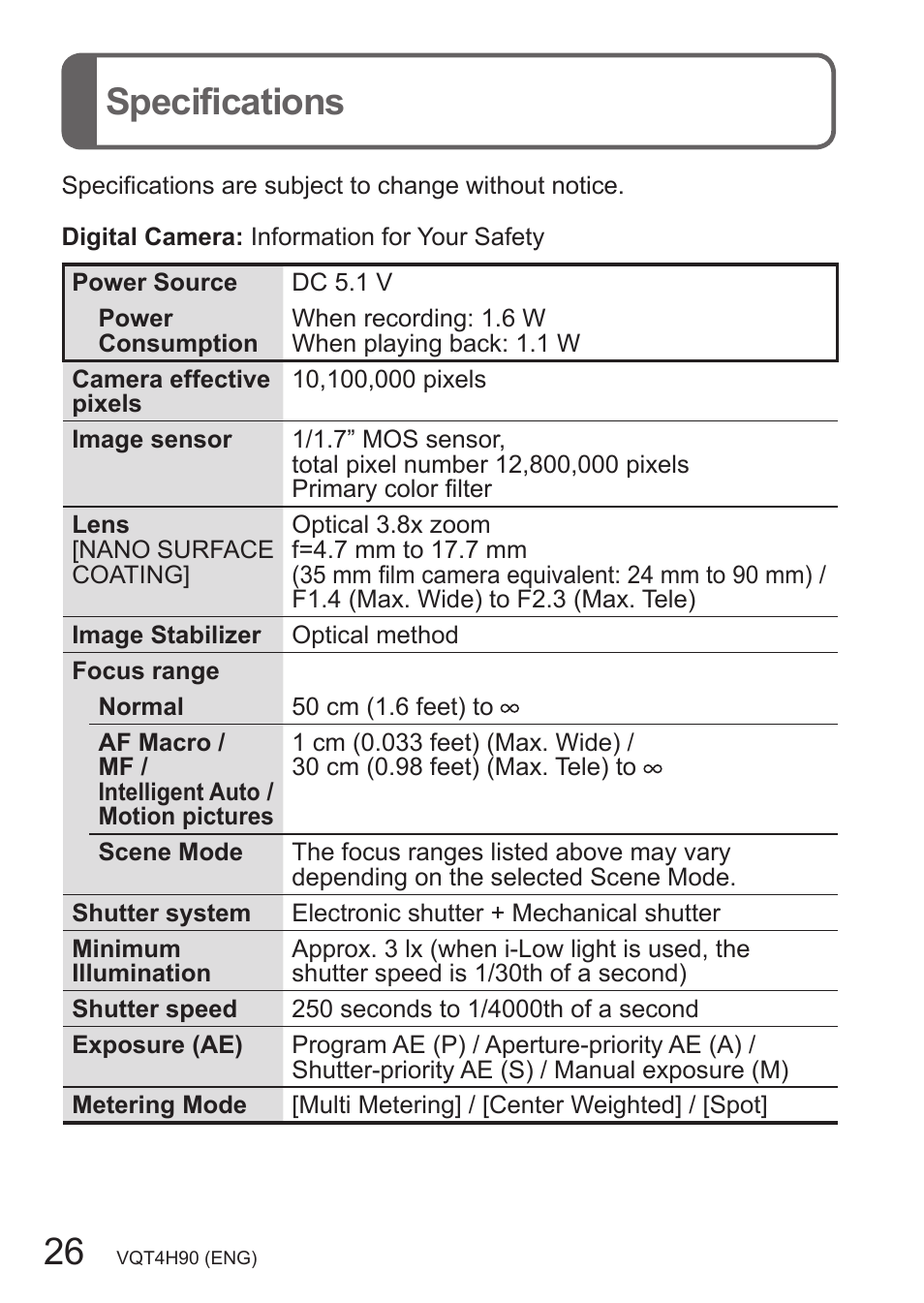 Specifications | Panasonic DMC-LX7 User Manual | Page 26 / 36