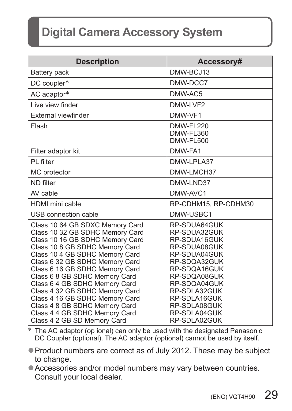 Digital camera accessory system, 29 digital camera accessory system | Panasonic DMC-LX7 User Manual | Page 29 / 36