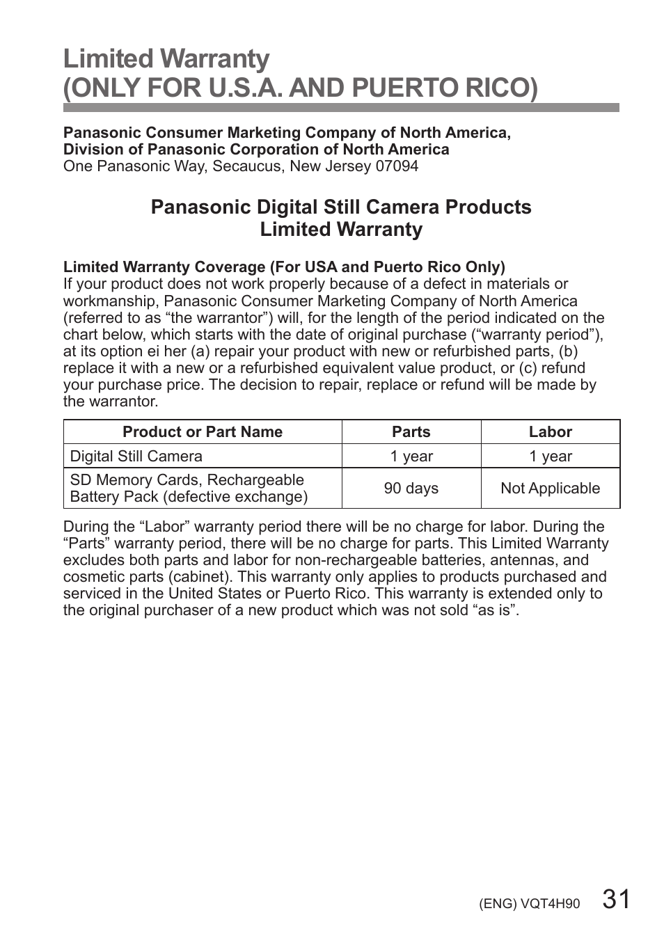 Limited warranty (only for u.s.a. and puerto rico) | Panasonic DMC-LX7 User Manual | Page 31 / 36