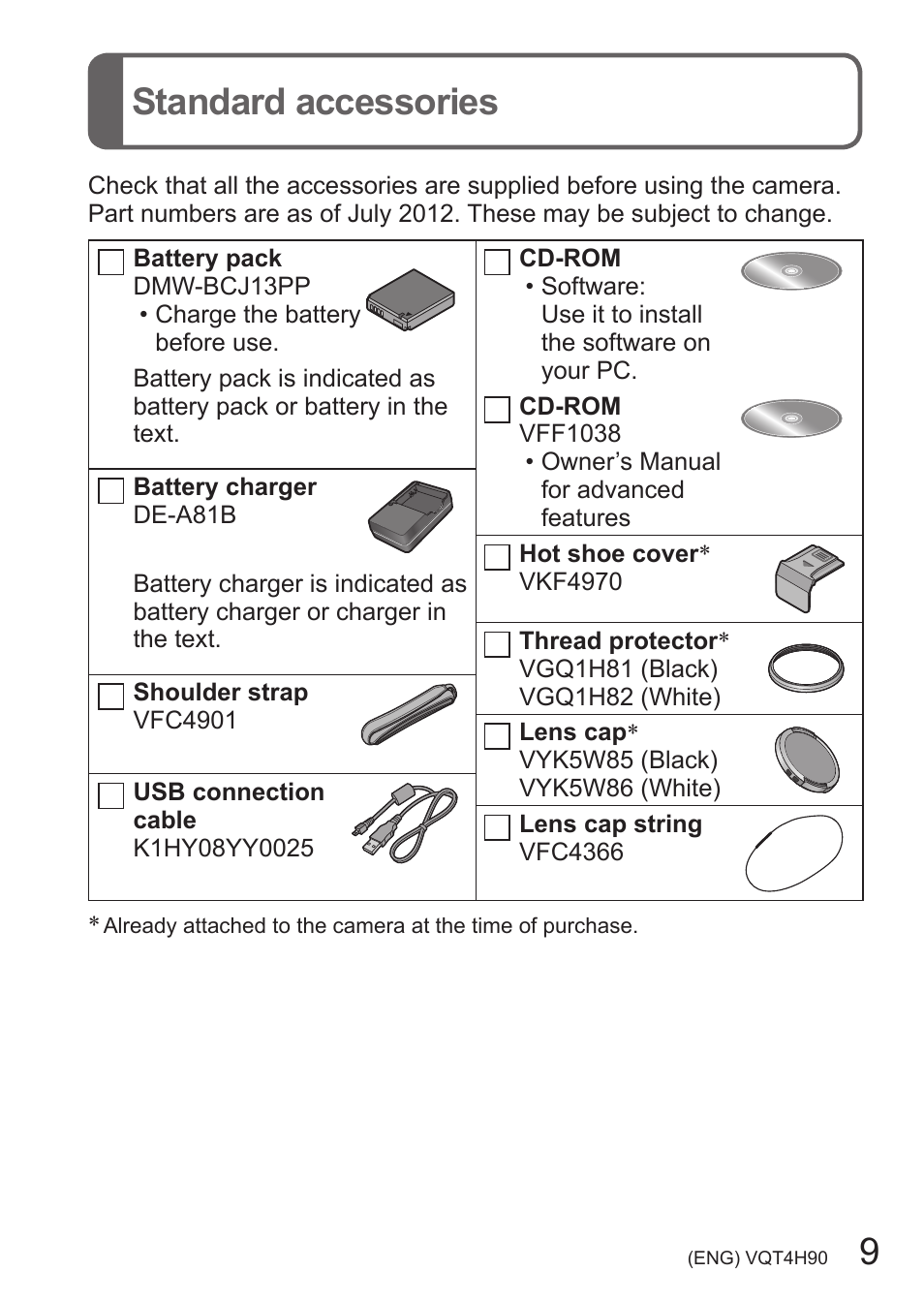Standard accessories, 9standard accessories | Panasonic DMC-LX7 User Manual | Page 9 / 36