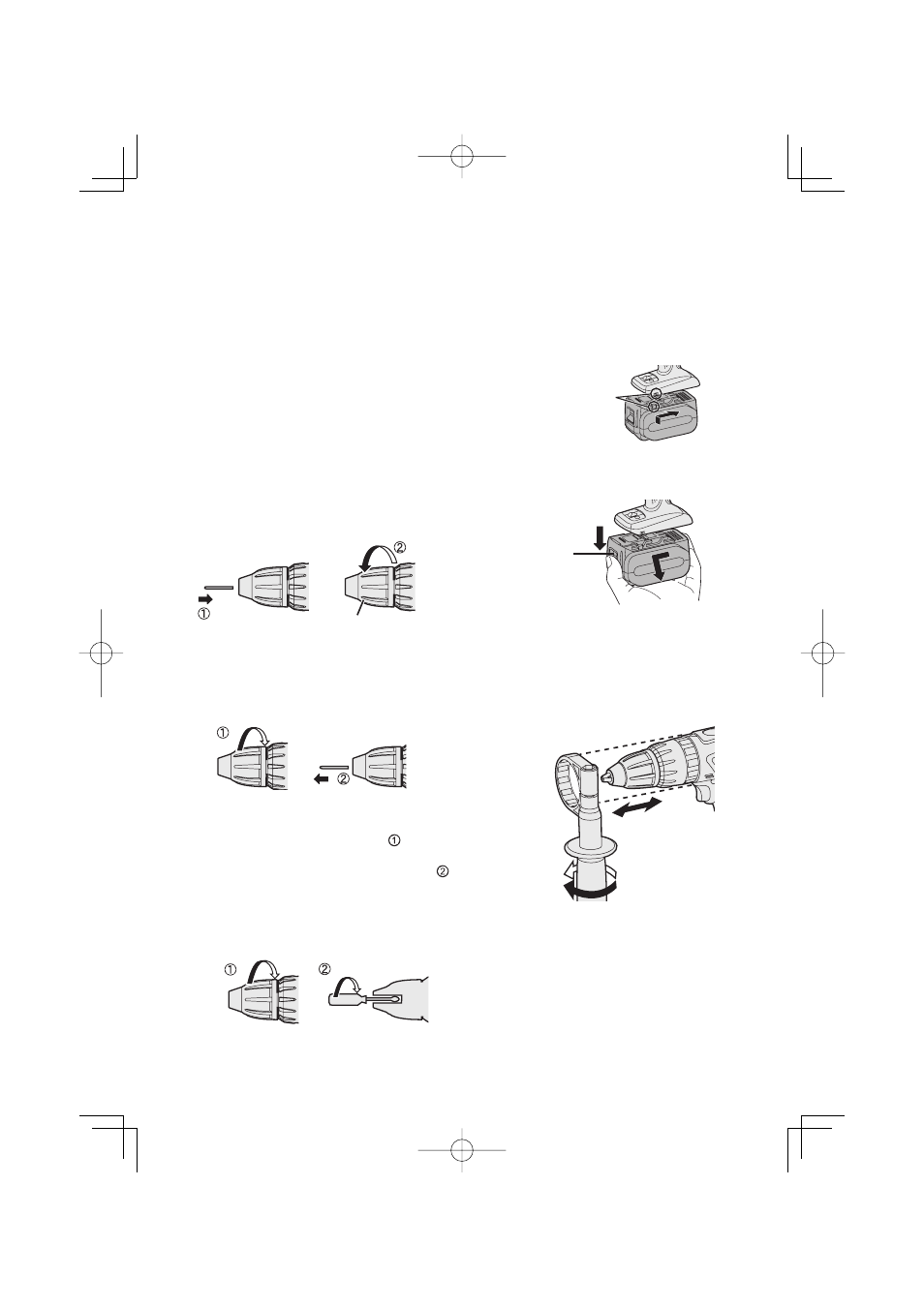 V. montage, Fixation ou retrait d’une mèche, Fixation ou retrait de la batte- rie autonome | Manche de support | Panasonic EY7460 User Manual | Page 21 / 44