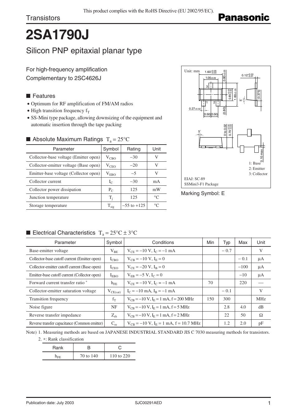 Panasonic 2SA1790J User Manual | 3 pages