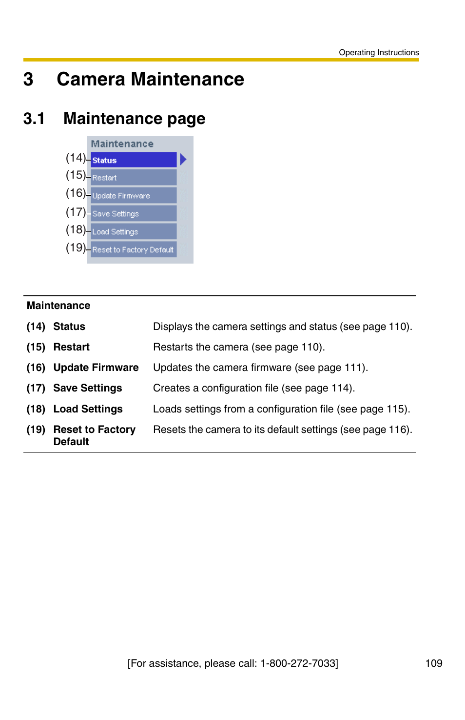 3 camera maintenance, E 109, 3camera maintenance | 1 maintenance page | Panasonic BB-HCM331A User Manual | Page 109 / 150