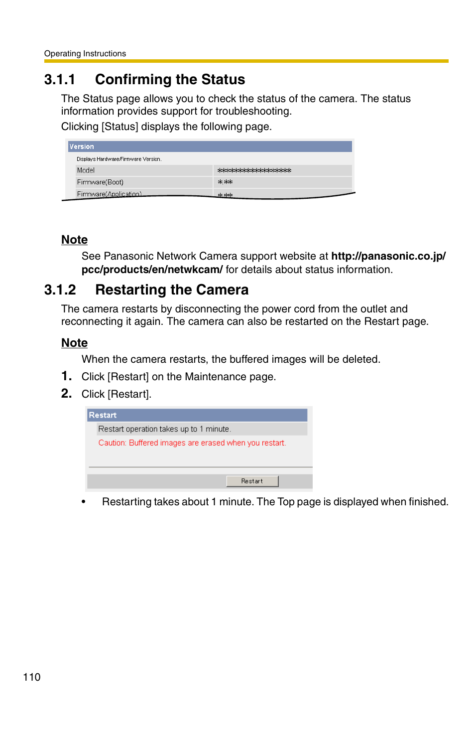 1 confirming the status, 2 restarting the camera | Panasonic BB-HCM331A User Manual | Page 110 / 150