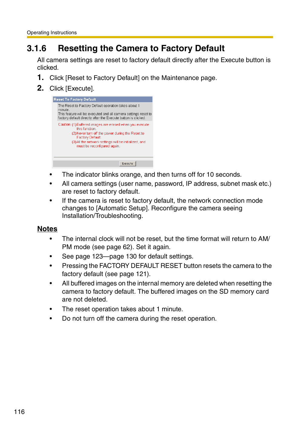 6 resetting the camera to factory default, E 116) | Panasonic BB-HCM331A User Manual | Page 116 / 150